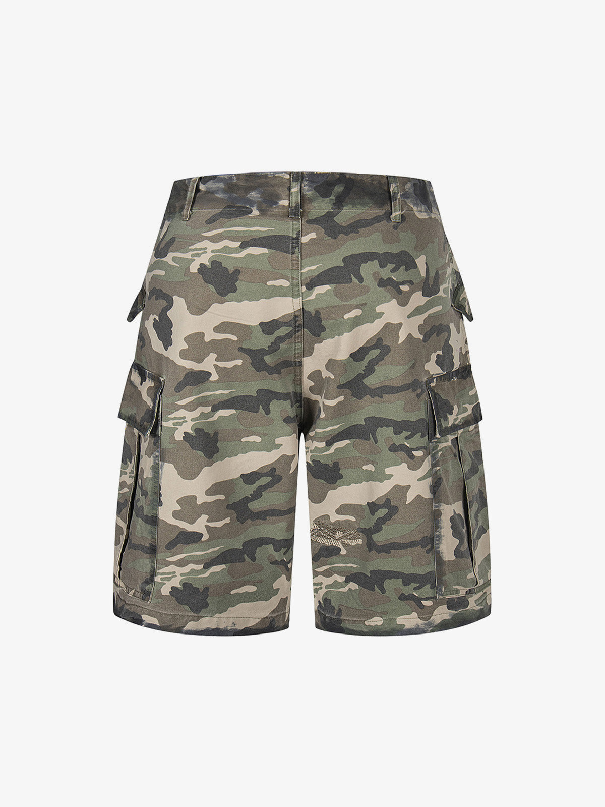 Woodland Camo Cargo Shorts with Pin Badges – back view | XoKool