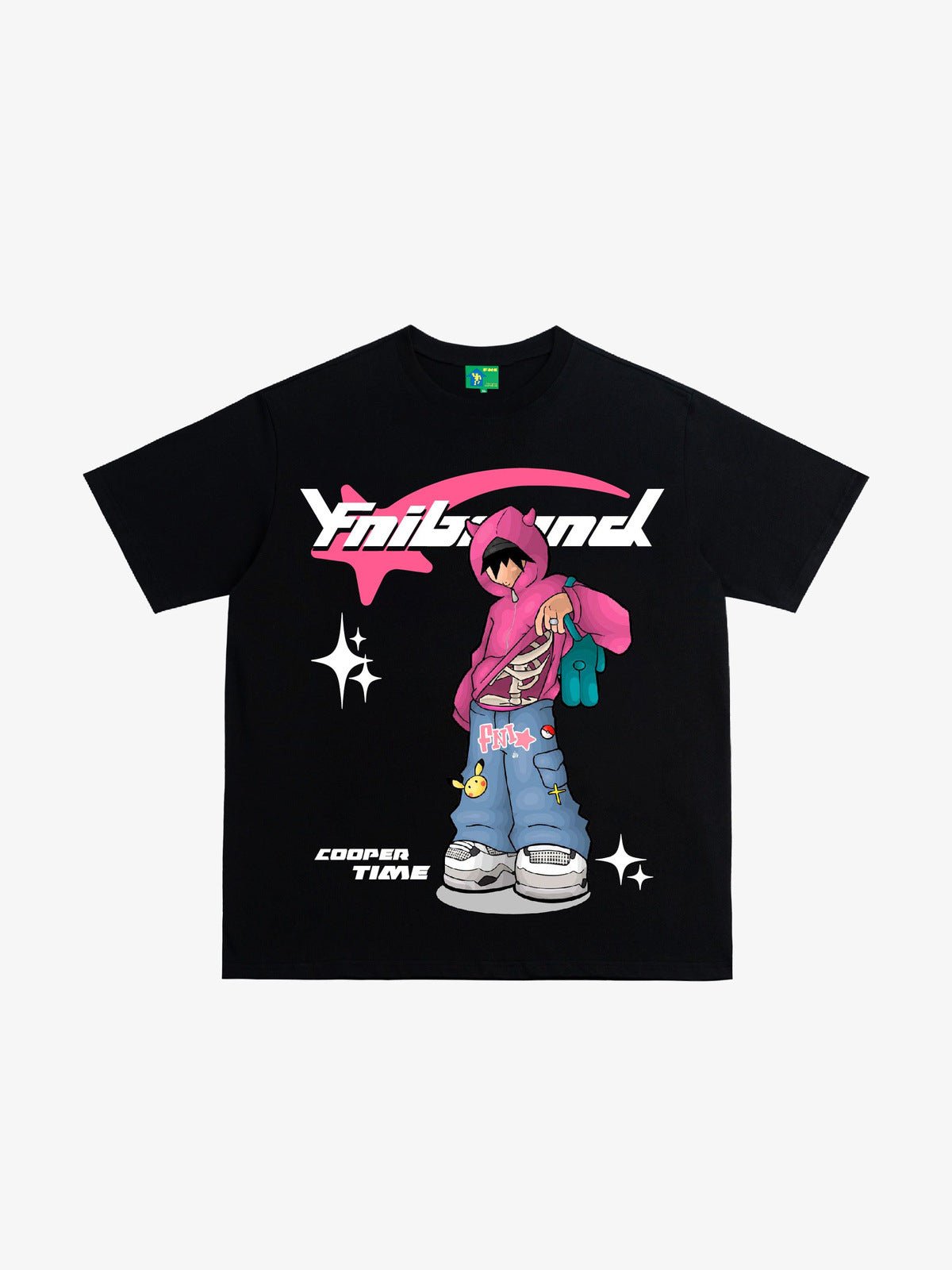 Cartoon Graphic Tee with Pink Hoodie Girl Print – Black, front | XoKool