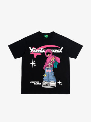 Cartoon Graphic Tee with Pink Hoodie Girl Print – Black, front | XoKool