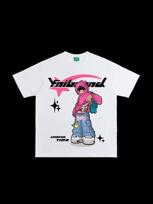 Cartoon Graphic Tee with Pink Hoodie Girl Print – White, front | XoKool