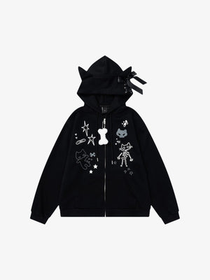 Cat Ear Zip Up Hoodie with Skeleton Doodle Print – Black, front view | XoKool