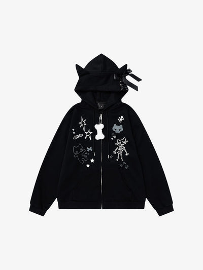 Cat Ear Zip Up Hoodie with Skeleton Doodle Print