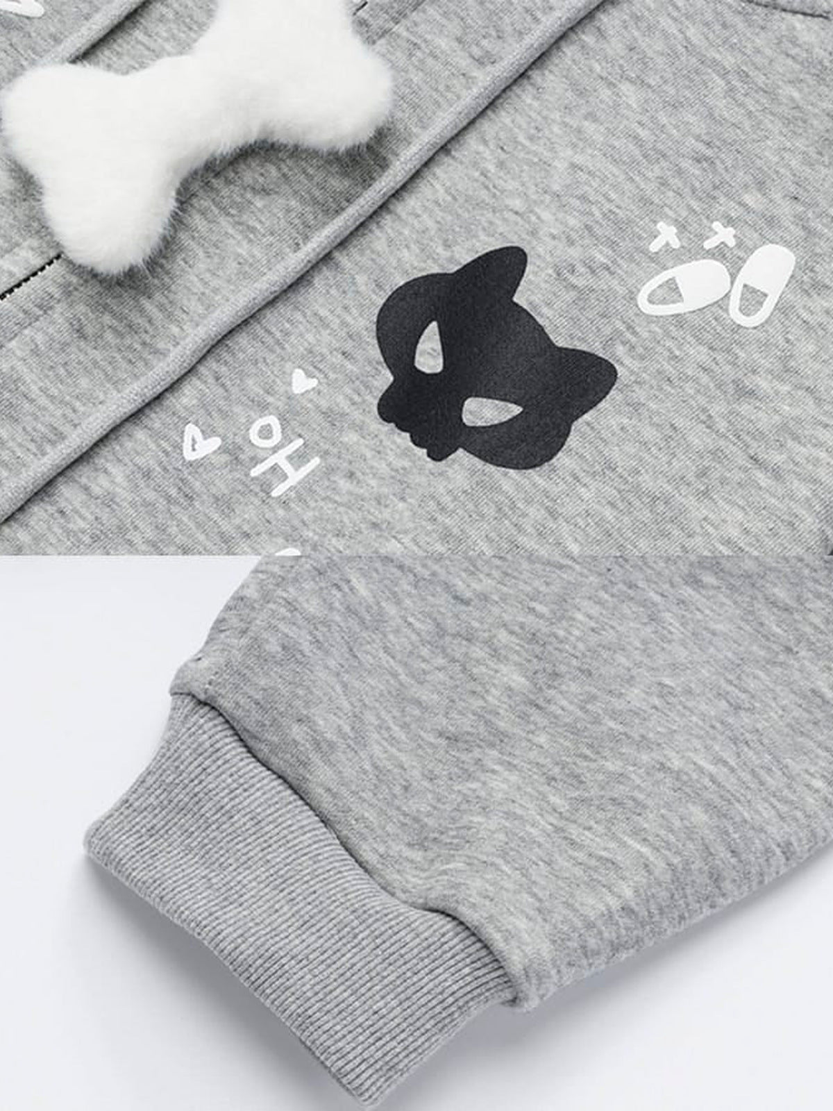 Cat ear hoodie – Grey, print and keychain close-up | XoKool