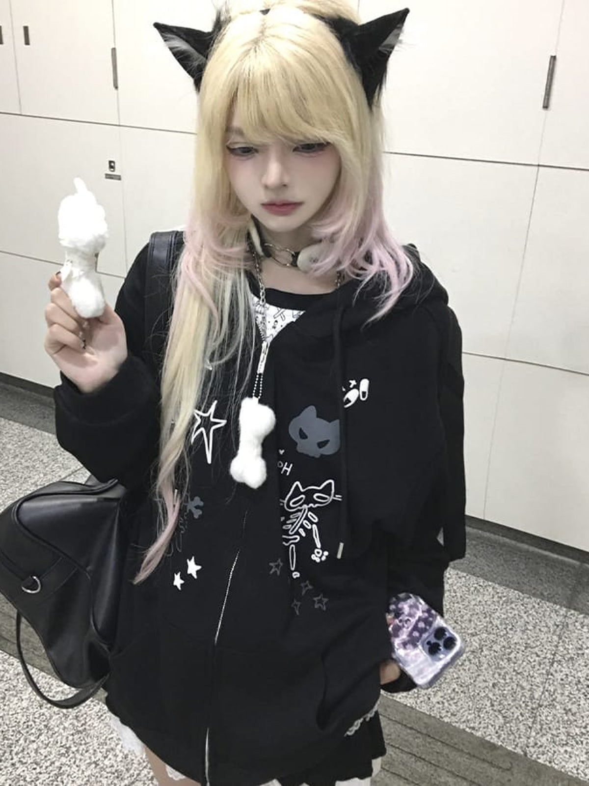 Cat Ear Zip Up Hoodie with Skeleton Doodle Print – on model, front | XoKool