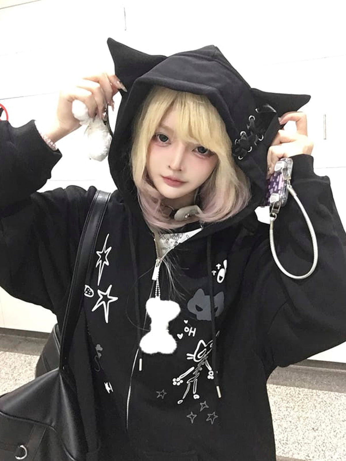 Cat Ear Zip Up Hoodie with Skeleton Doodle Print – on model, hood up with cat ears | XoKool
