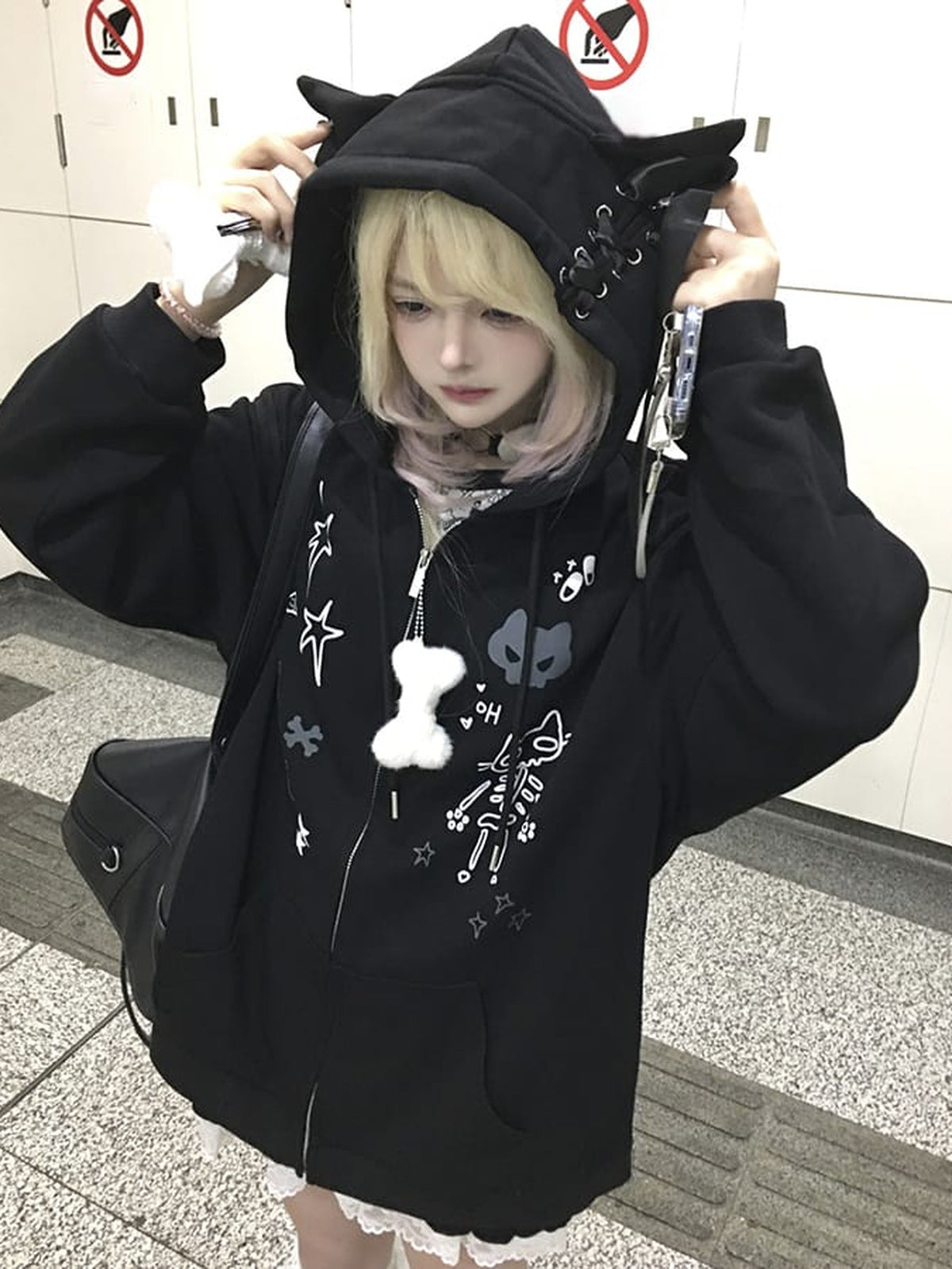 Cat ear hoodie – on model, hood up | XoKool