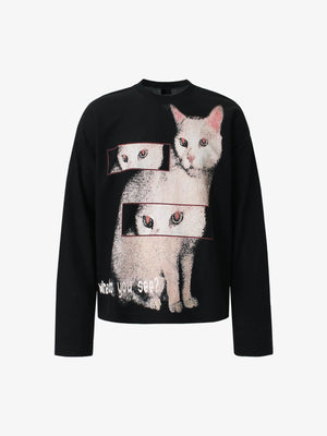 Cat Graphic Waffle Knit Long Sleeve Shirt – Black, front view | XoKool