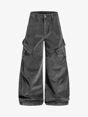 Graue Wide Leg Cargohose aus Cord – Grau, Vorderansicht flach | XoKool