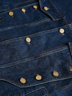 Dark Wash Denim Trucker Jacket with Metal Buttons – chest pocket buttons close-up | XoKool
