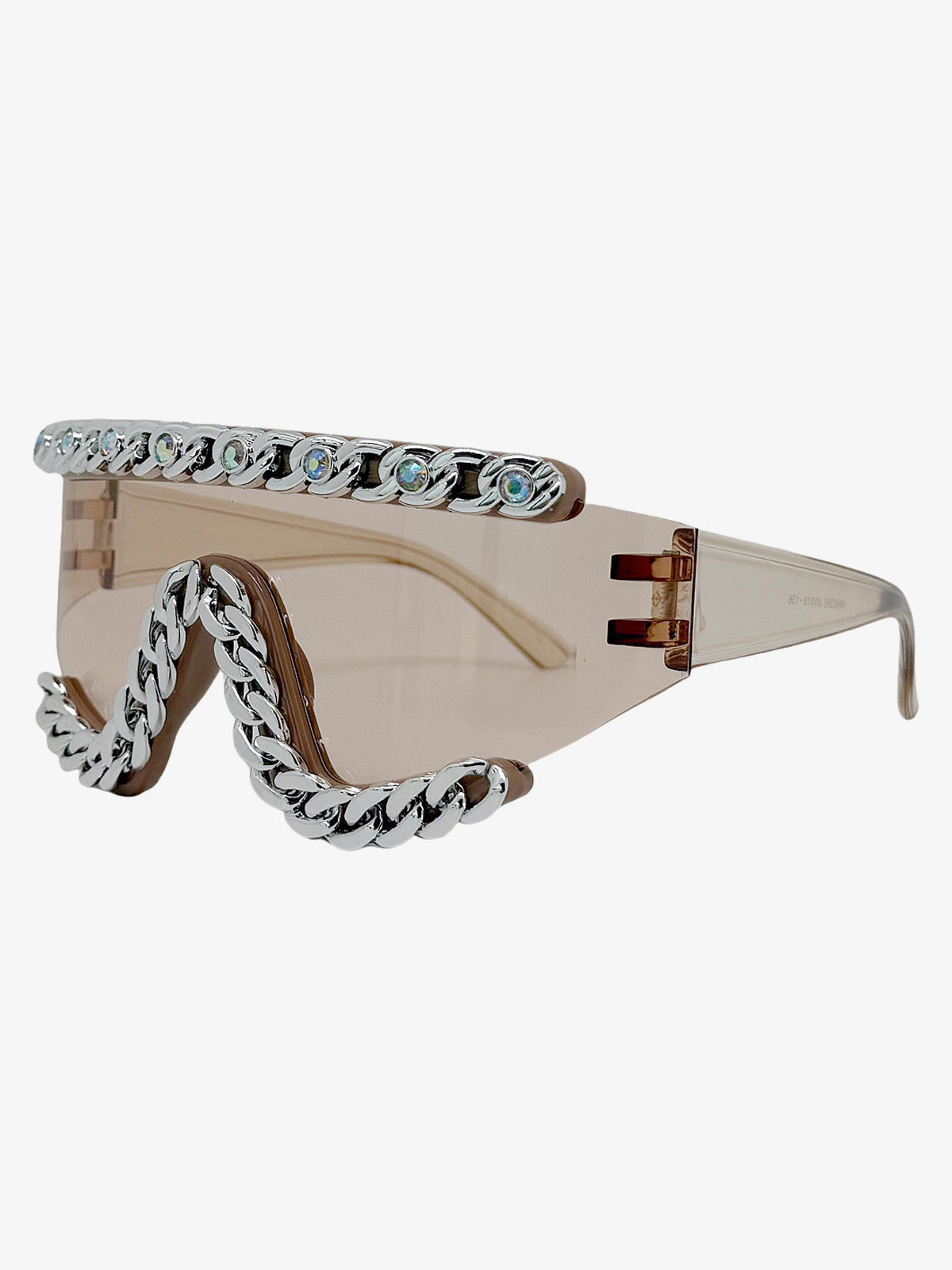 Oversized Shield Sonnenbrille mit Strasskette – beiges Glas, Dreiviertelansicht | XoKool