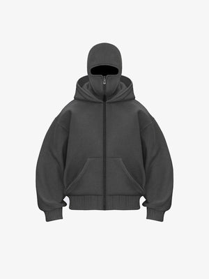 Charcoal Full Zip Balaclava Hoodie – Charcoal, front (3D render) | XoKool