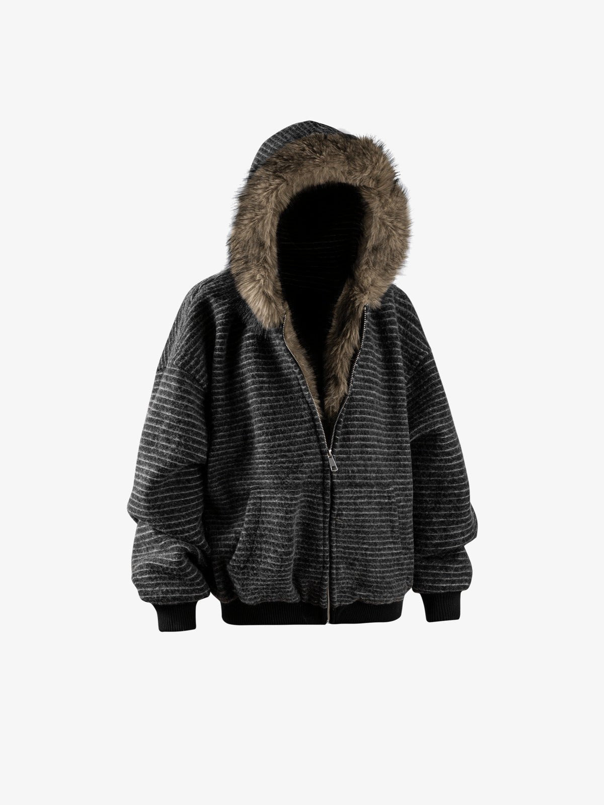 Anthrazit gestreifter Zip Hoodie mit Kunstfellkapuze – Anthrazit, Vorderansicht | XoKool