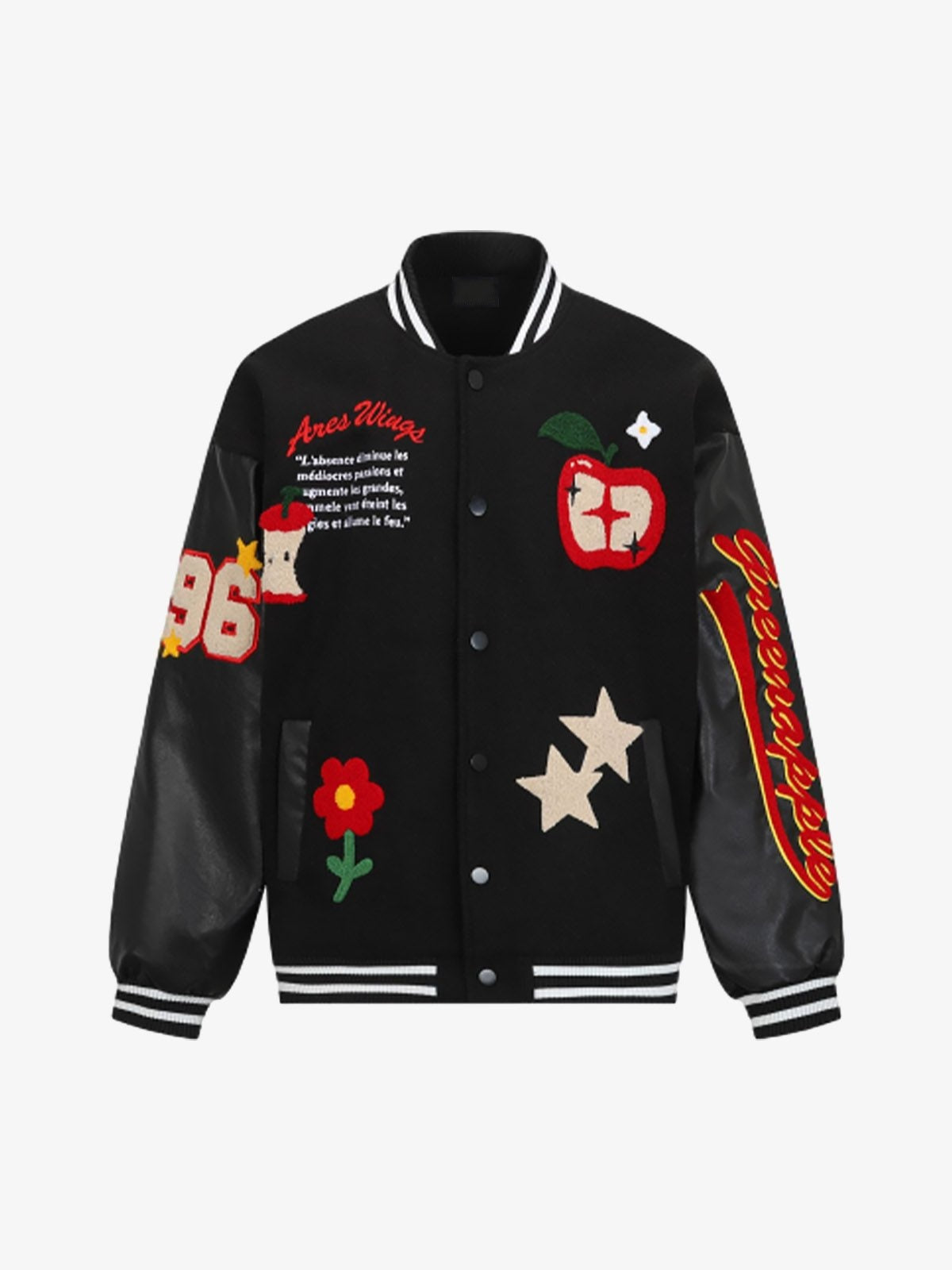 Chaqueta varsity con parches de chenilla – Negro, frente en plano | XoKool