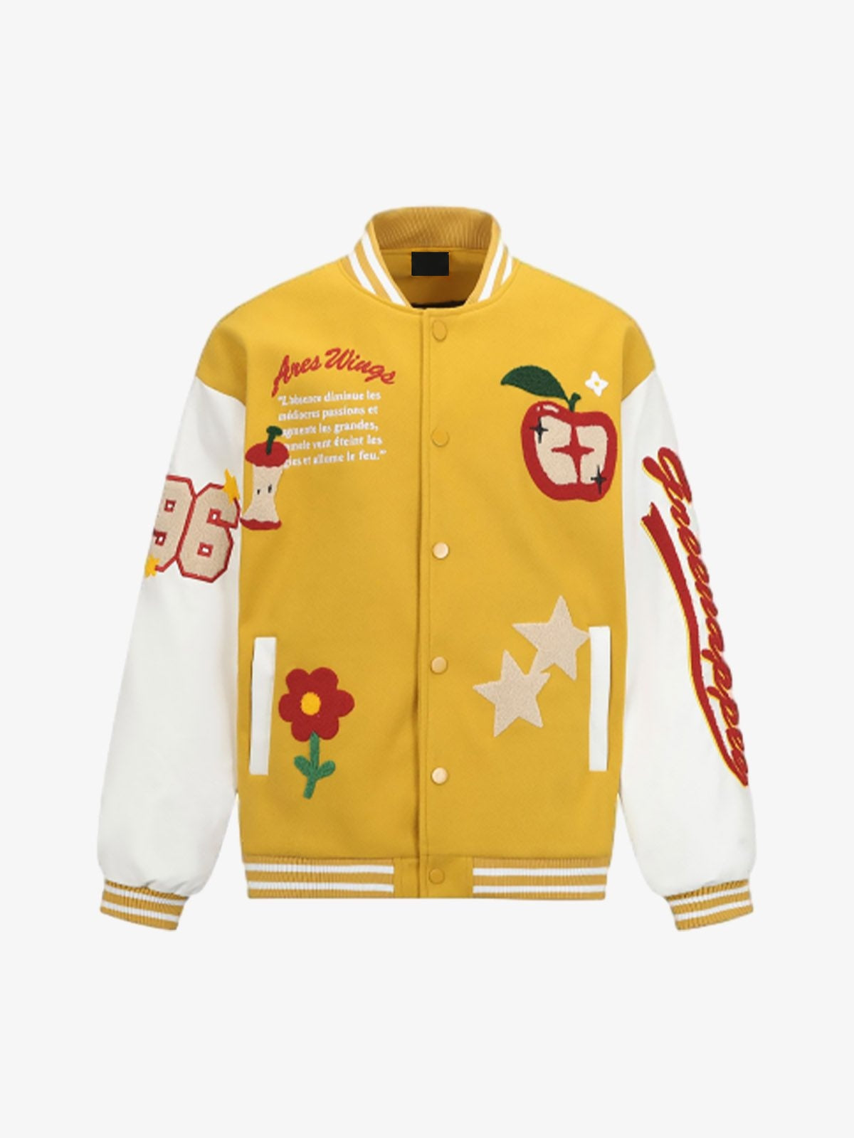 Chaqueta varsity con parches de chenilla y parche de manzana – Amarillo, frente en plano | XoKool