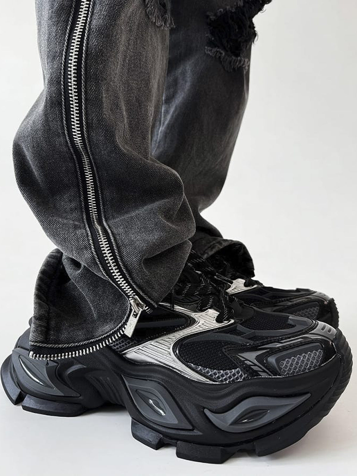 Chunky Platform Sneakers in Black and Silver – on model, side | XoKool