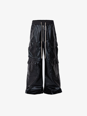 Coated Black Wide Leg Cargo Pants – Black, front view | XoKool