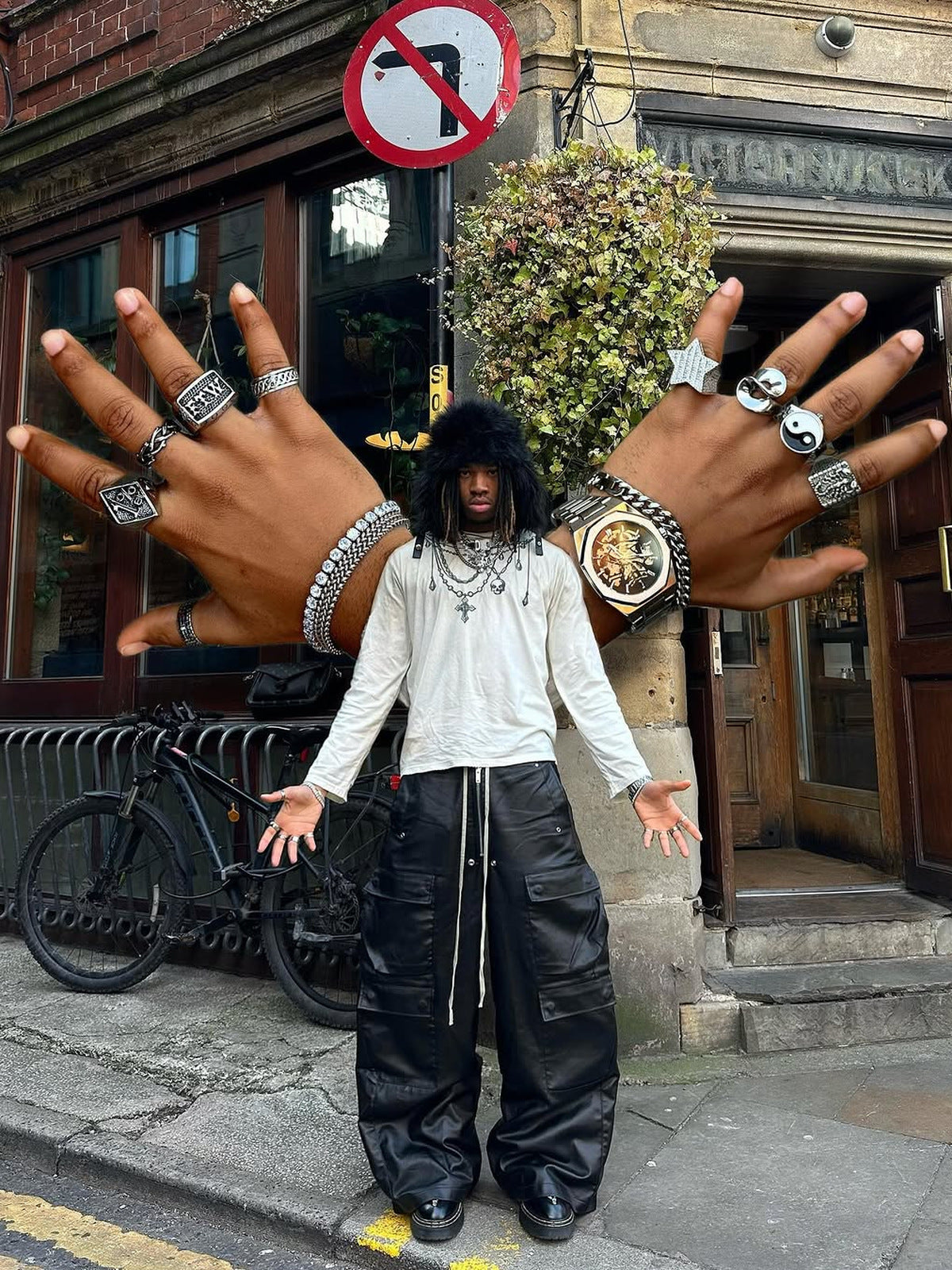 Coated Black Wide Leg Cargo Pants – Street photo, edited hands collage | XoKool
