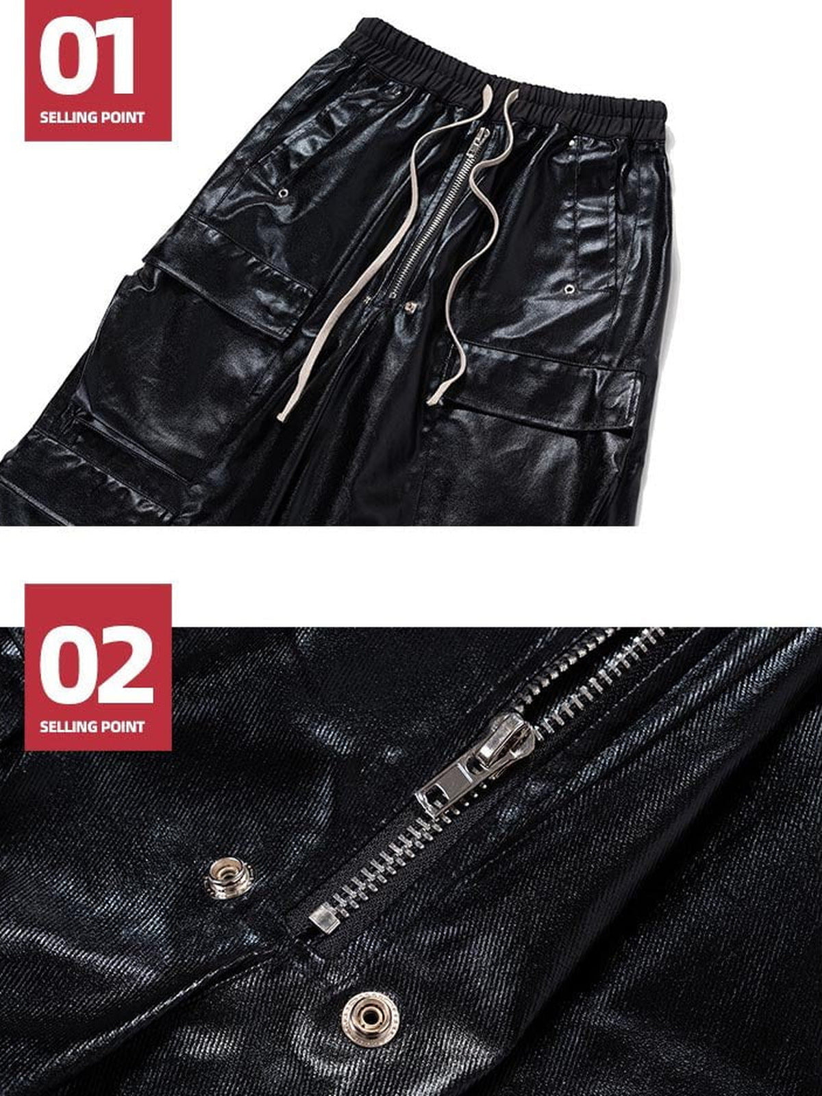 Coated cargo pants – Waistband and zip detail close-ups | XoKool