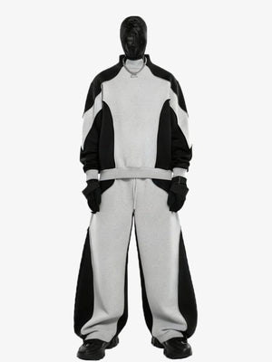 Conjunto de sudadera cuello redondo color block y pantalones deportivos de pierna ancha – en modelo, conjunto completo de frente | XoKool