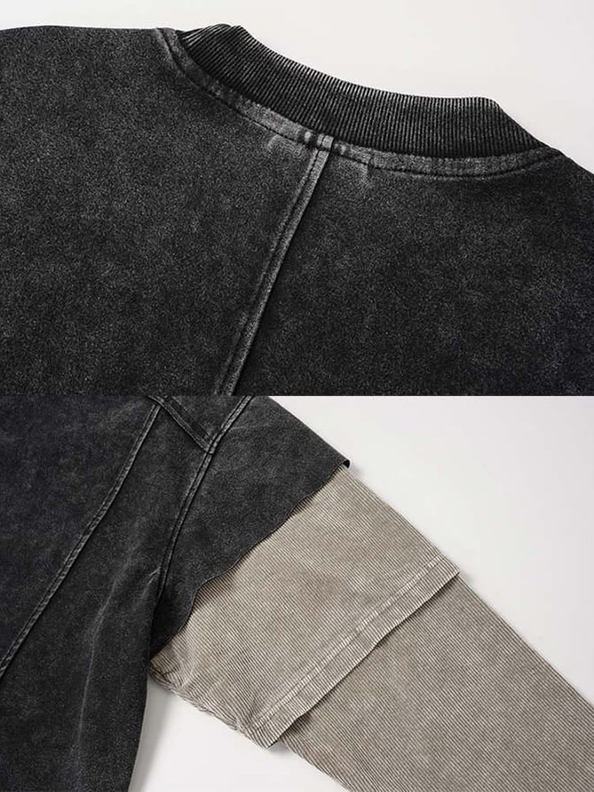 Color block layered shirt – Black, back seam and khaki sleeve close-up | XoKool
