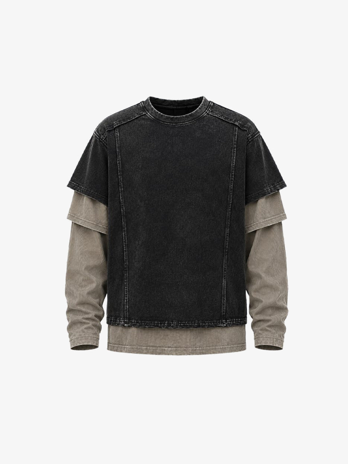 Color Block Layered Long Sleeve Shirt – Black, front (render) | XoKool