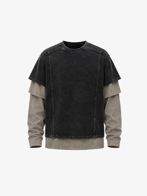 Color Block Layered Long Sleeve Shirt – Black, front (render) | XoKool