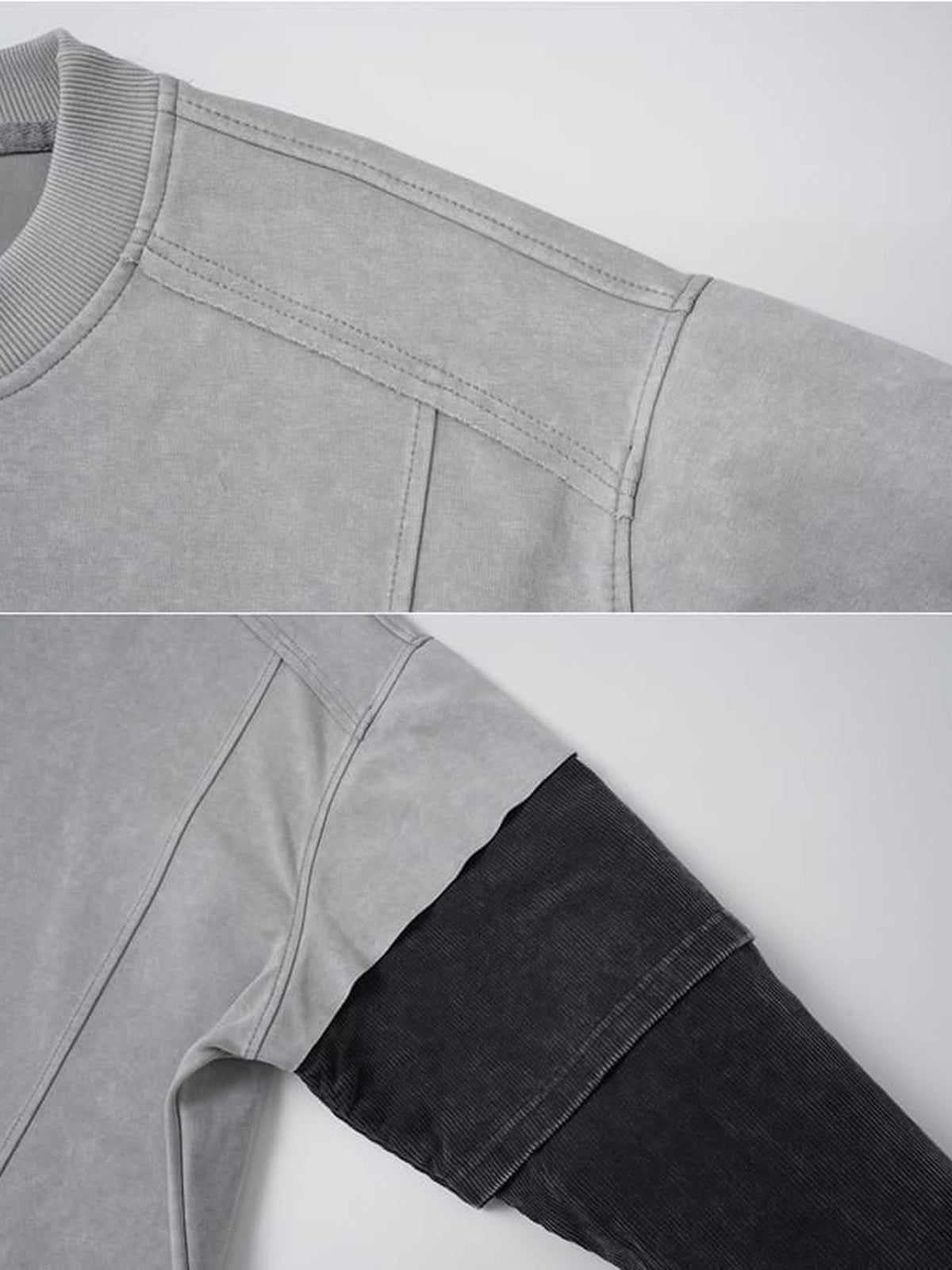 Color block layered shirt – Grey, shoulder seam and sleeve close-up | XoKool