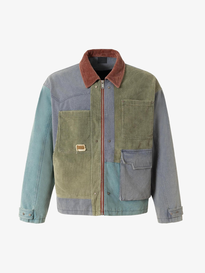 Color Block Patchwork Work Jacket with Corduroy Collar