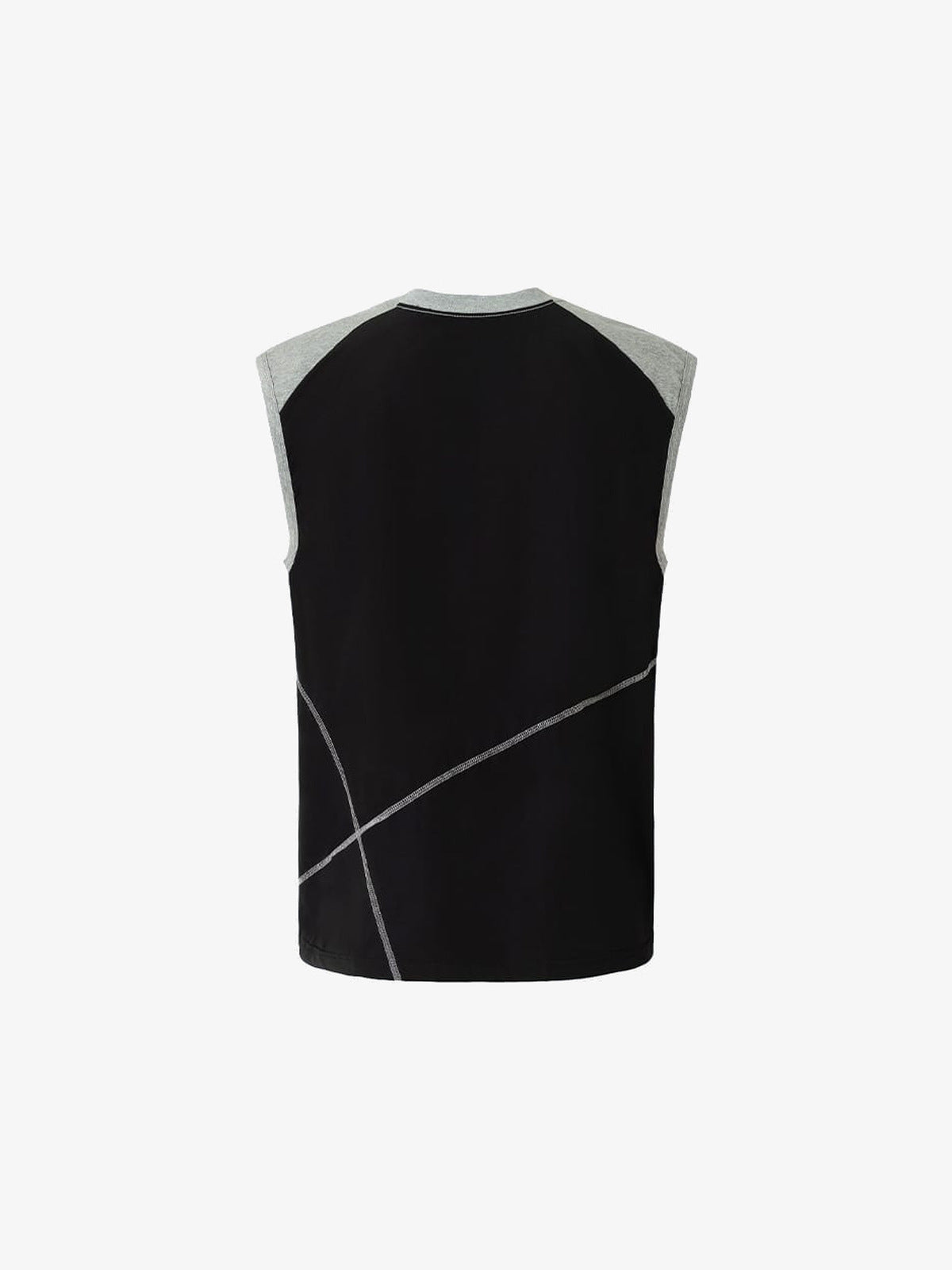 Camiseta sin mangas raglán color block con costuras en contraste – Negro/Gris, vista trasera en plano | XoKool