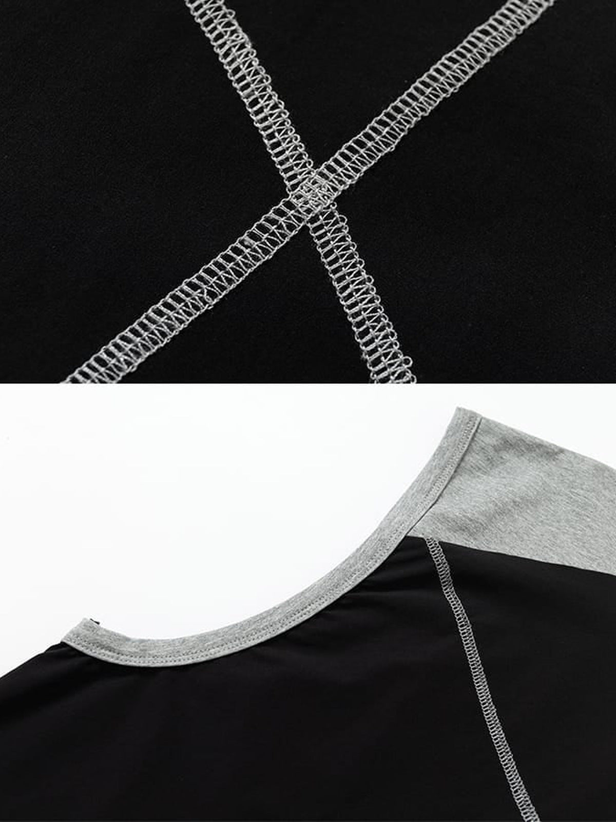 Camiseta sin mangas color block – Negro/Gris, detalle de las costuras y la sisa | XoKool