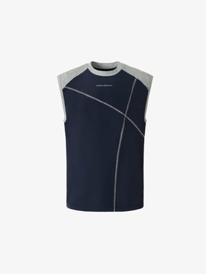 Camiseta sin mangas raglán color block con costuras en contraste – Azul marino/Gris, vista frontal en plano | XoKool