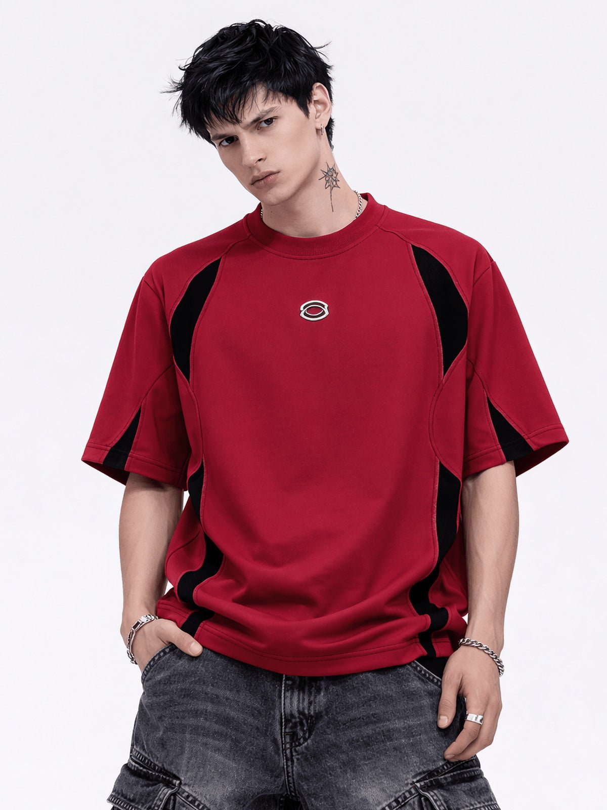 Color Block Sport T-Shirt with Chest Emblem – Red, on model front | XoKool