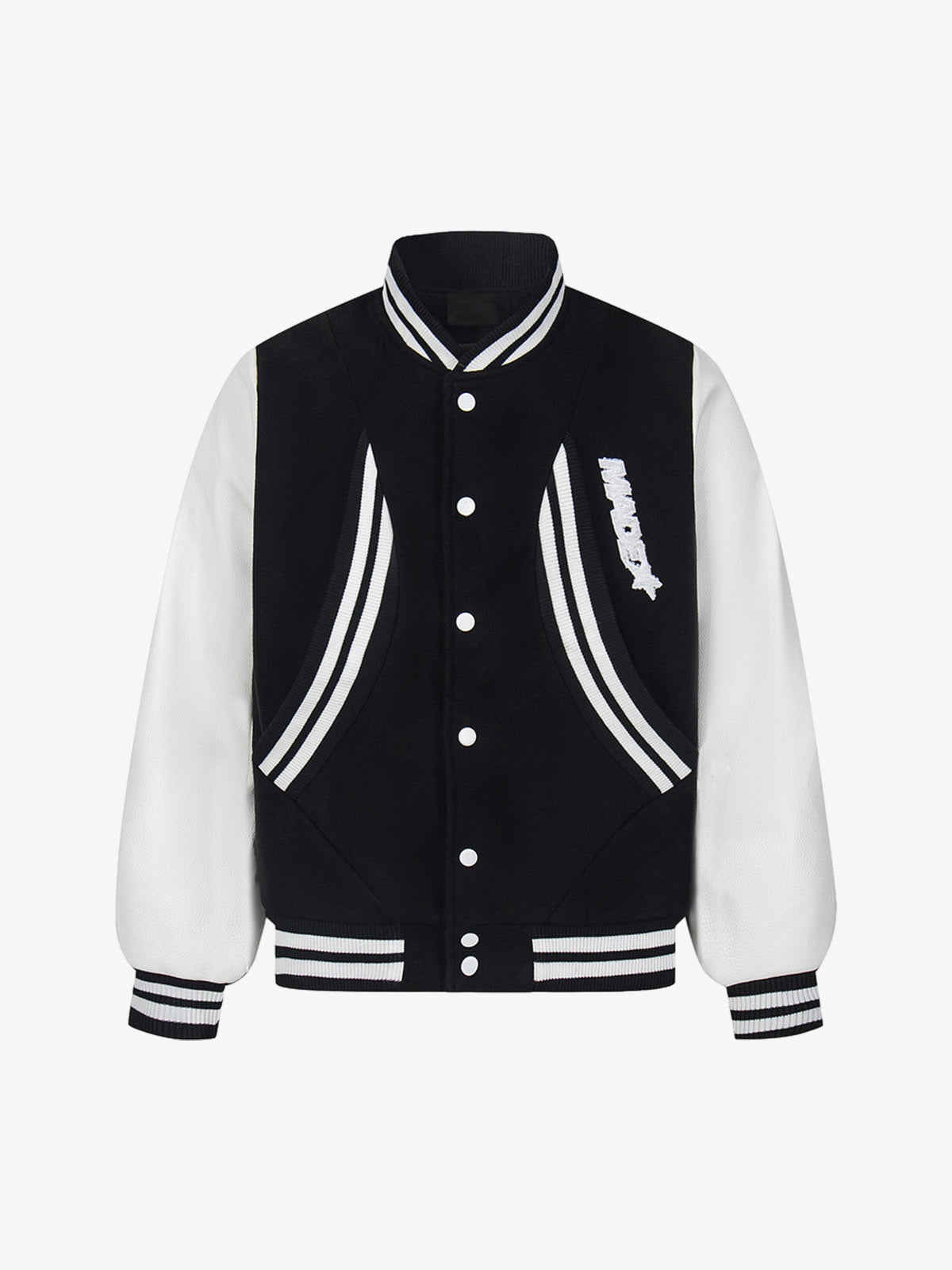 Colorblock Varsity Jacket with Leather-Look Sleeves – Black / White, front view | XoKool