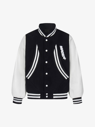 Colorblock Varsity Jacket with Leather-Look Sleeves