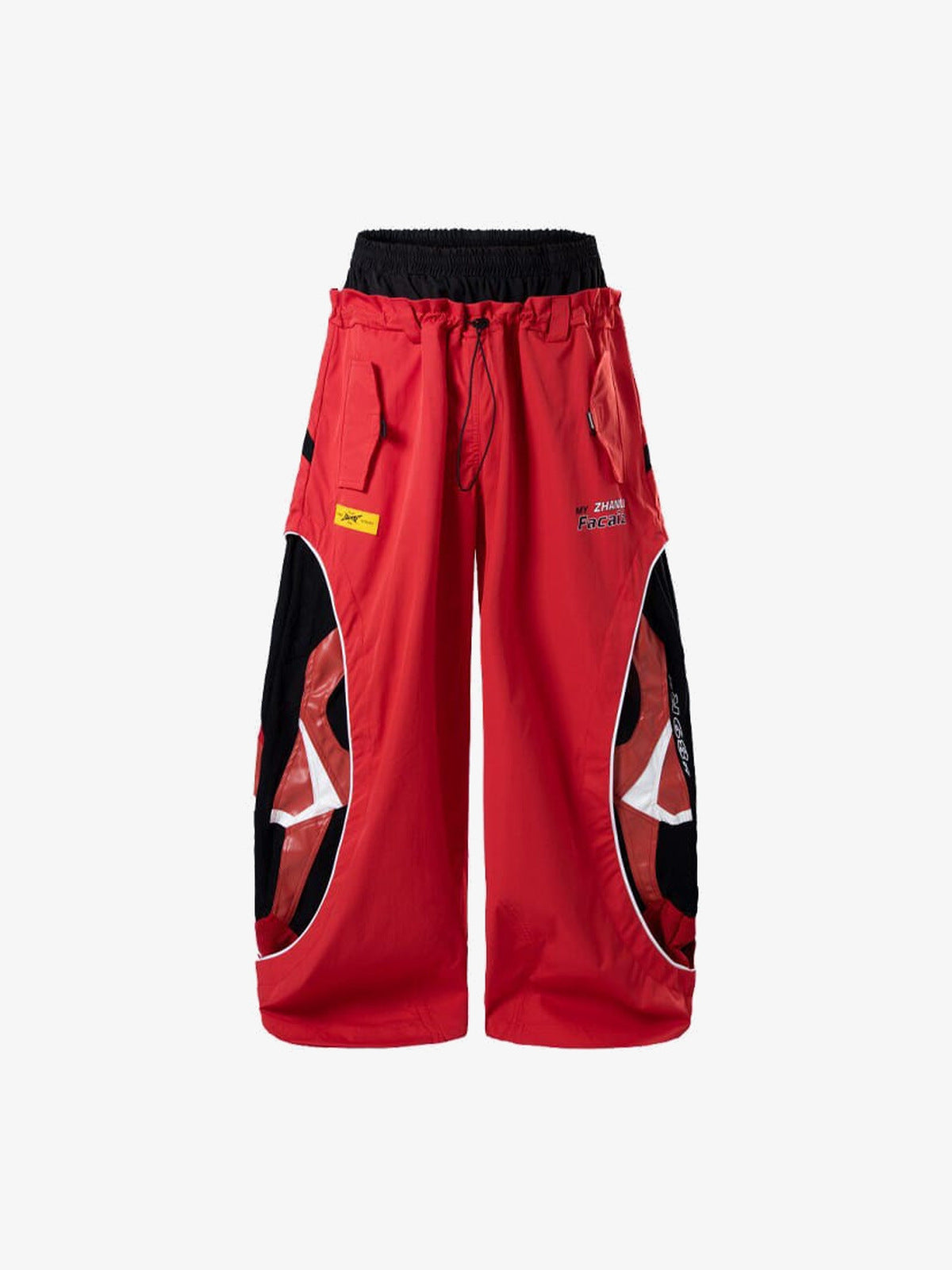 Pantalones paracaidista de pierna ancha colorblock – rojo, frontal, vista plana | XoKool