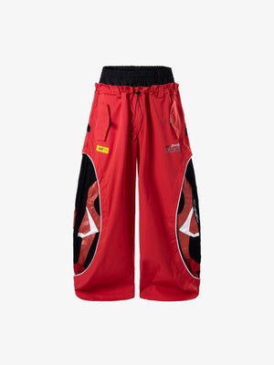 Pantalones paracaidista de pierna ancha colorblock – rojo, frontal, vista plana | XoKool