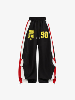 Colorblock Wide Leg Track Pants with 90 Print – Black, front view | XoKool