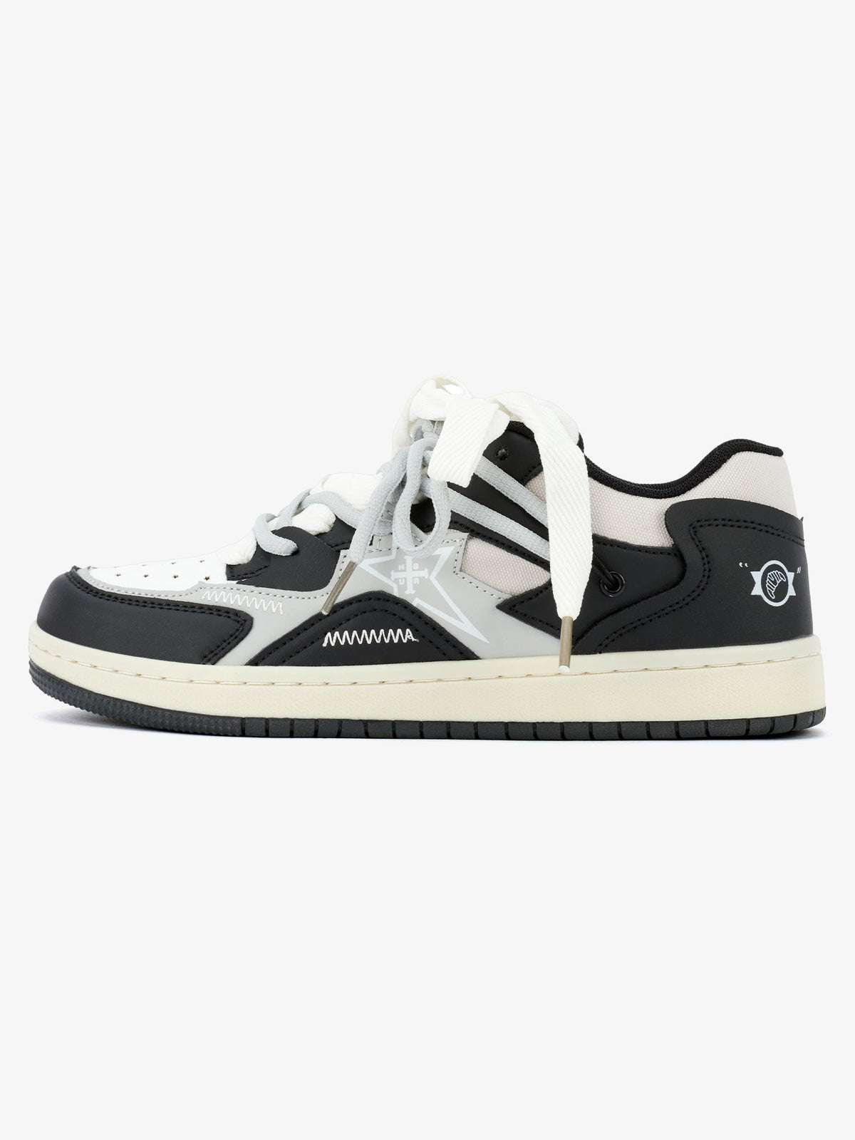Star Patch Skate Sneakers with Puffy Laces – Black/White, side | XoKool