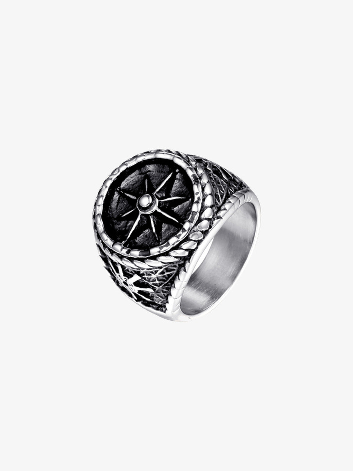 Kompass-Stern Siegelring mit schwarzer Emaille – Silber, schräg | XoKool