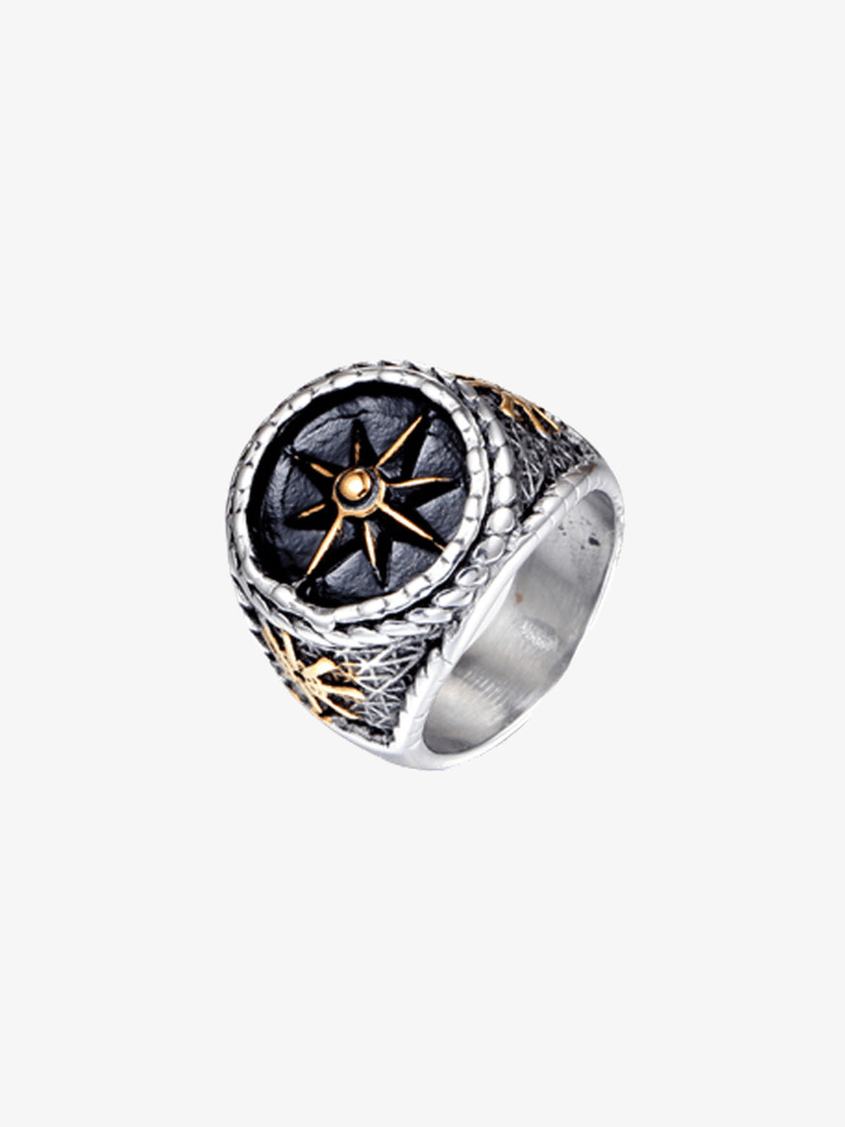 Kompass-Stern Siegelring mit schwarzer Emaille – Silber & Gold, schräg | XoKool