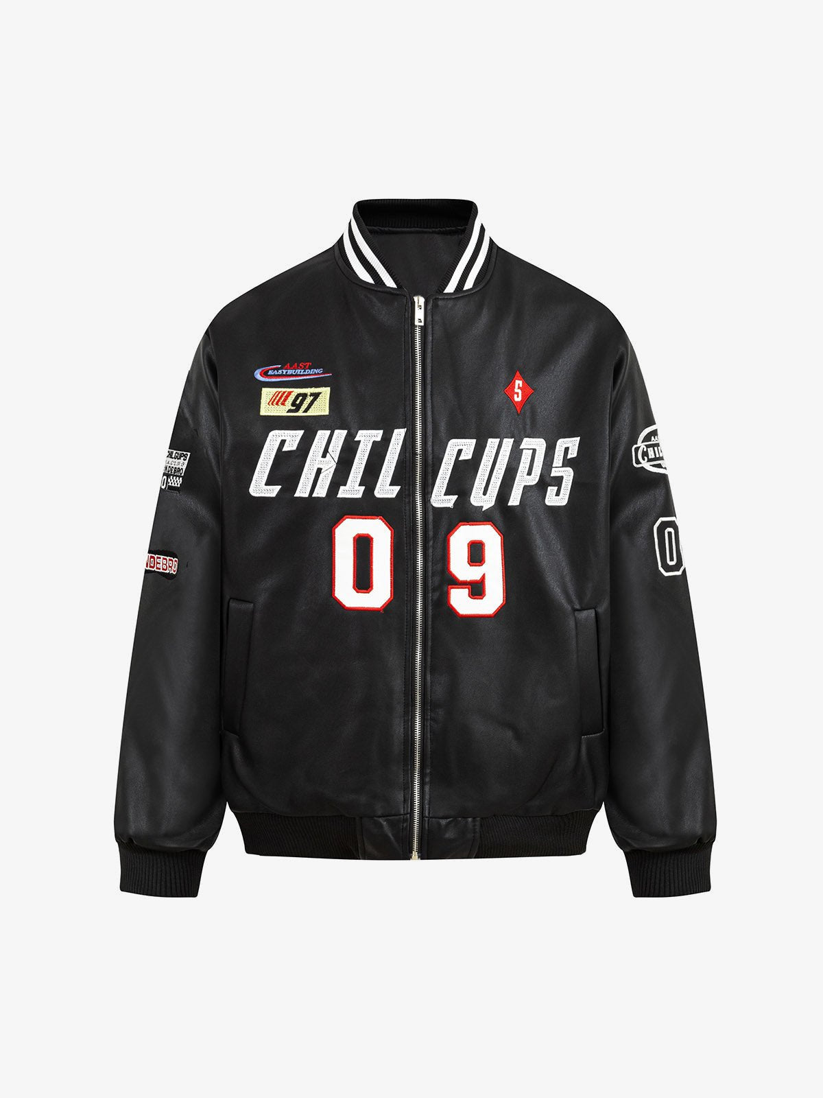 Schwarze Racing Jacke aus Kunstleder mit Patches – Schwarz, Vorderansicht flach | XoKool