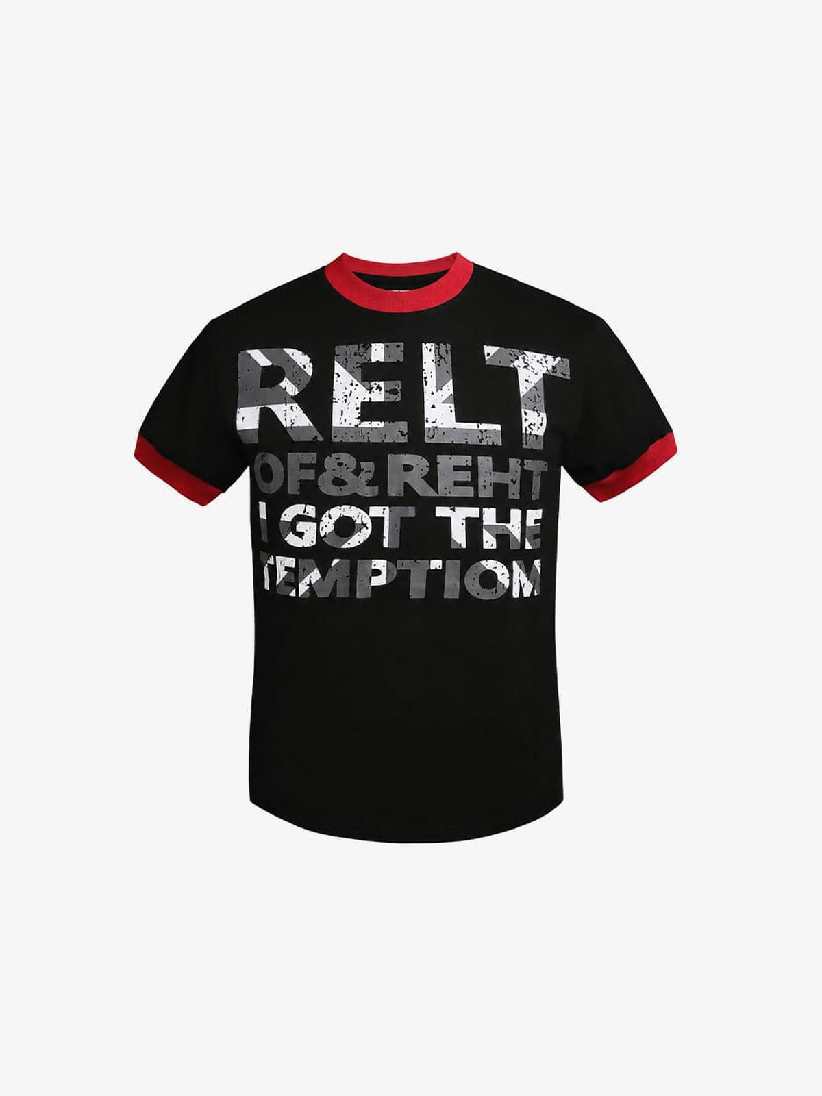 Contrast Ringer Tee with Distressed Letter Print – Black, front | XoKool