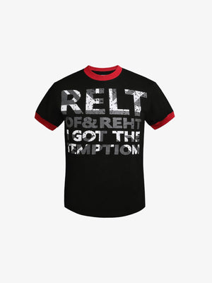 Contrast Ringer Tee with Distressed Letter Print – Black, front | XoKool