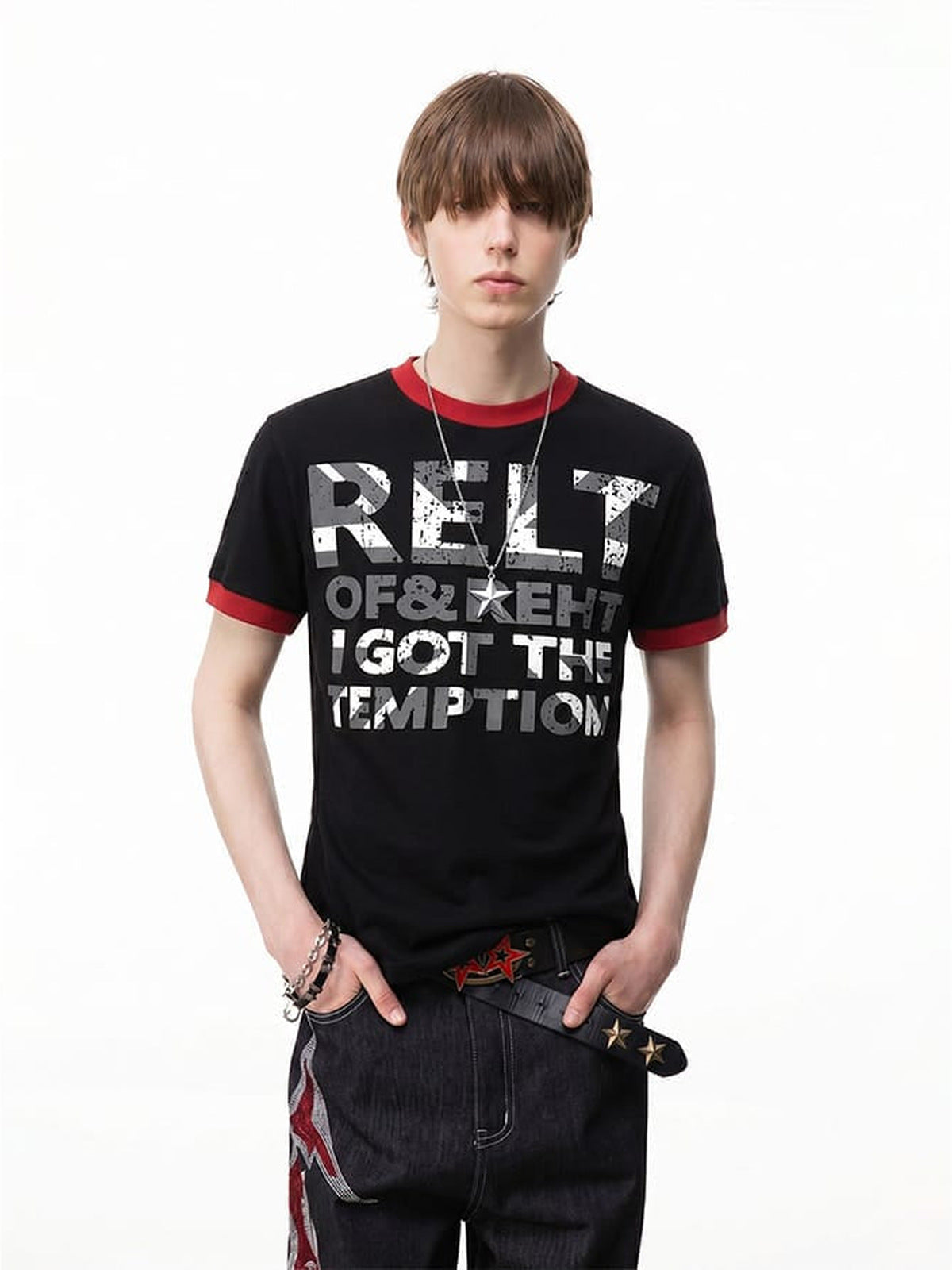 Contrast ringer tee – on model, Black, front | XoKool