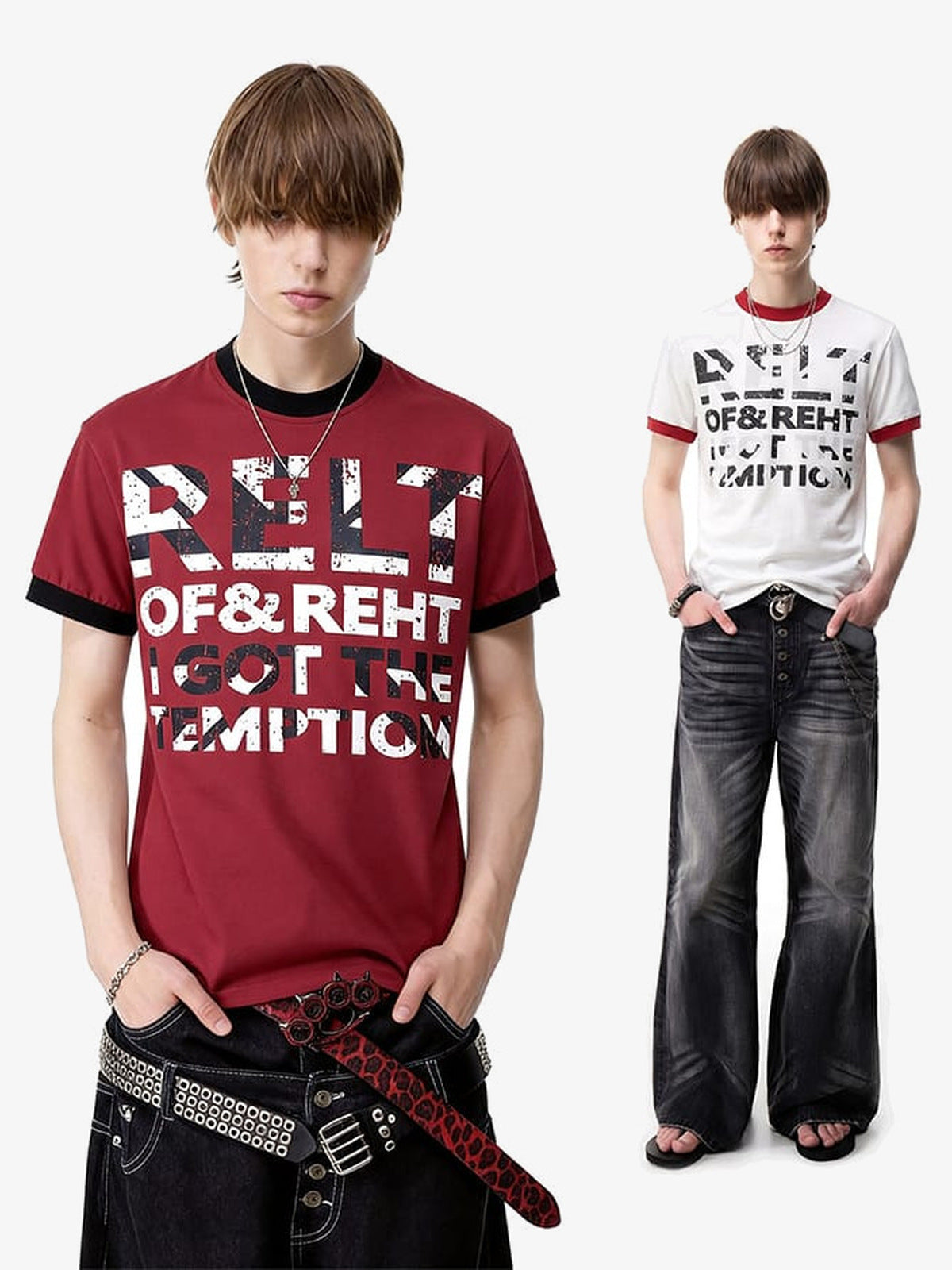 Contrast Ringer Tee with Distressed Letter Print – on model, Red and White | XoKool