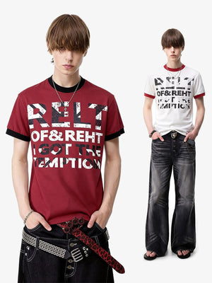 Contrast Ringer Tee with Distressed Letter Print – on model, Red and White | XoKool