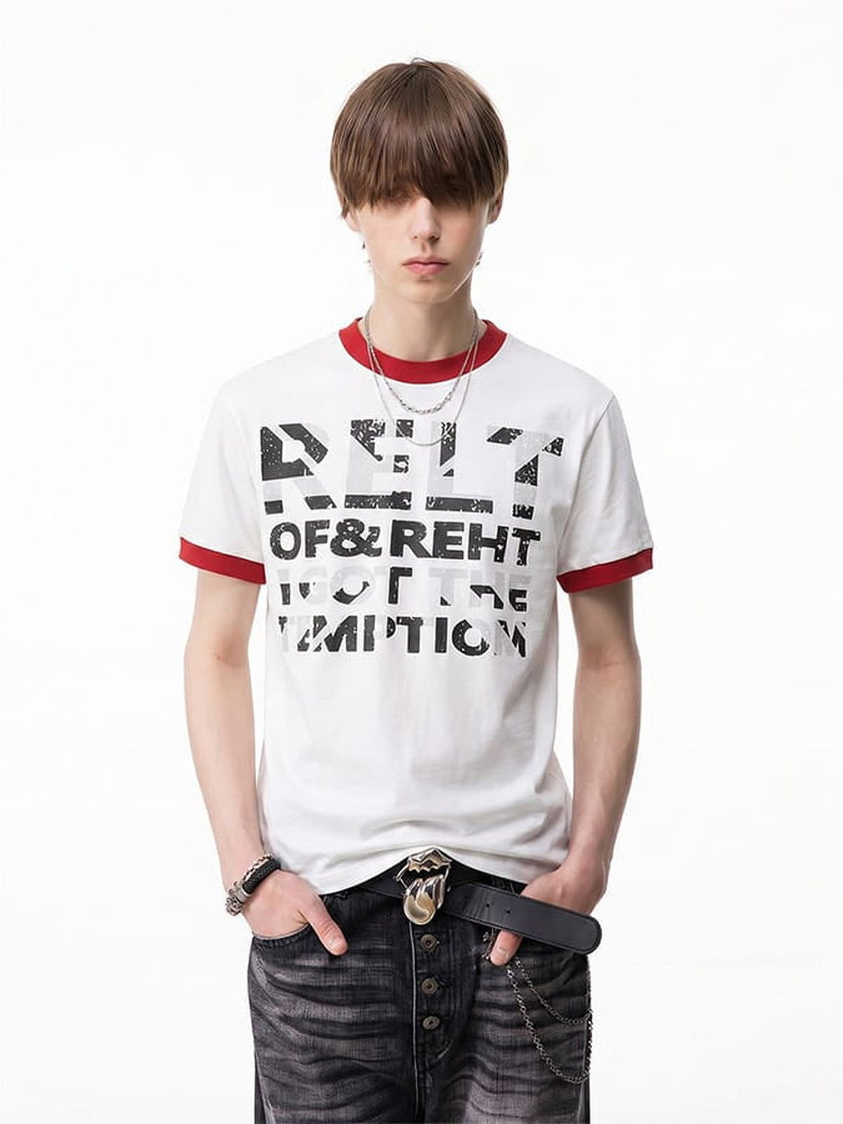 Contrast ringer tee – on model, White, front | XoKool