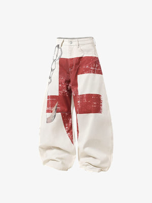 Cream Balloon Jeans with Red Cross Print – Cream, front flat | XoKool