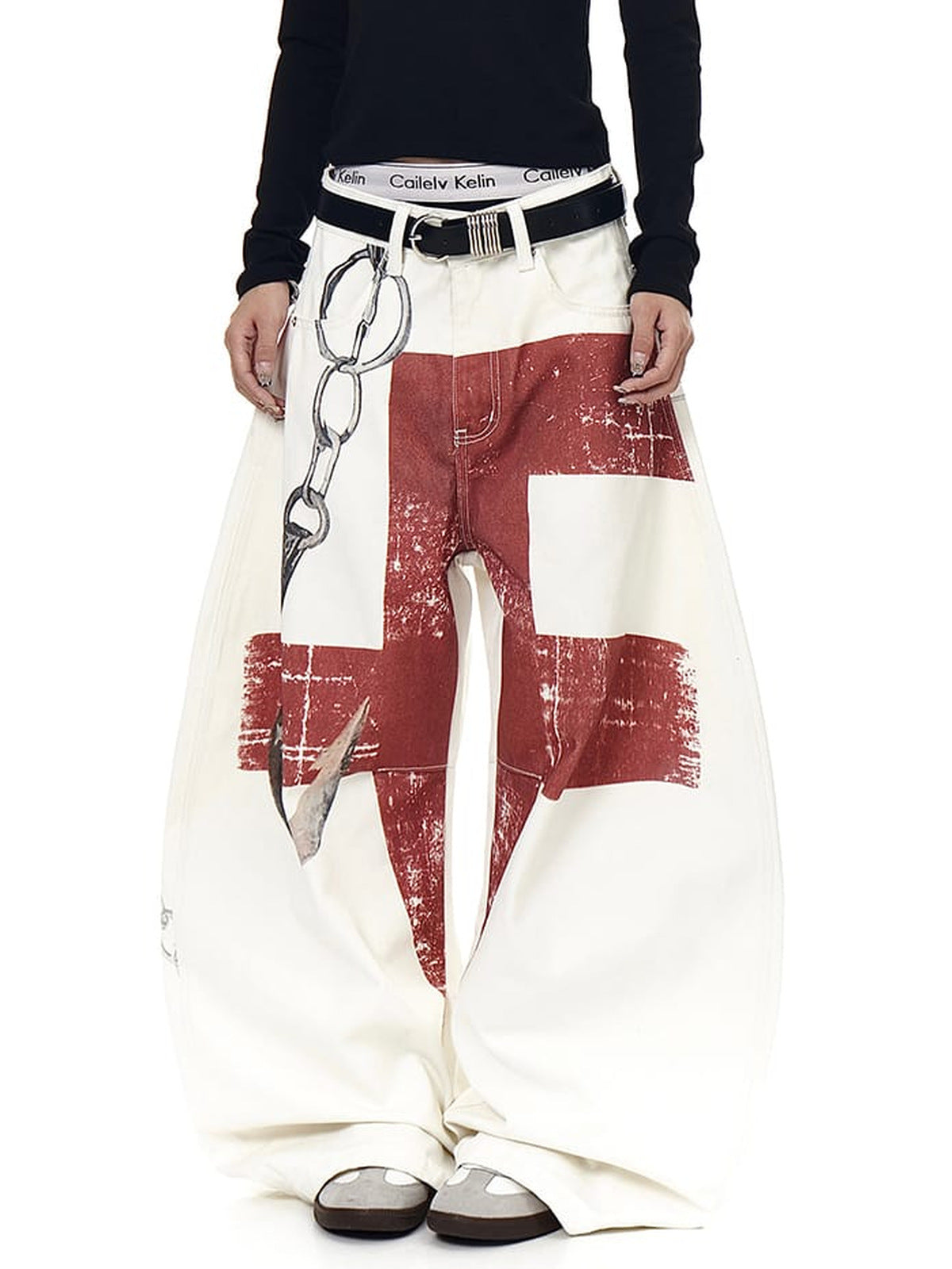 Cream balloon jeans – on model, front | XoKool