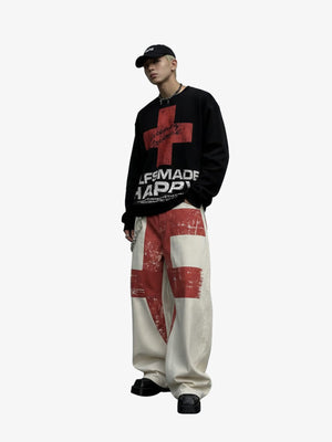 Cream Balloon Jeans with Red Cross Print – on model, full body | XoKool